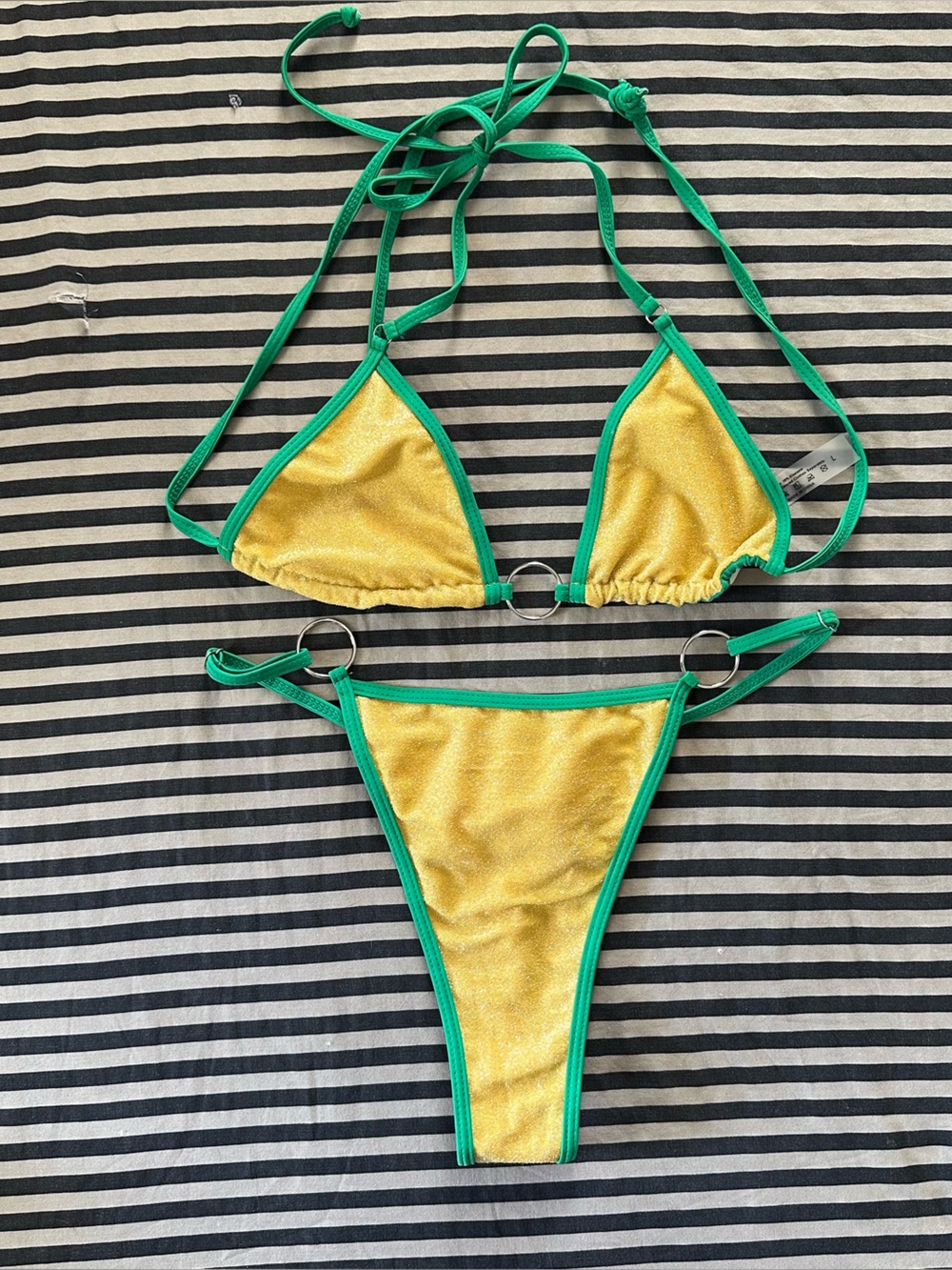 Yellow Metallic Triangle Bikini with Green Trim